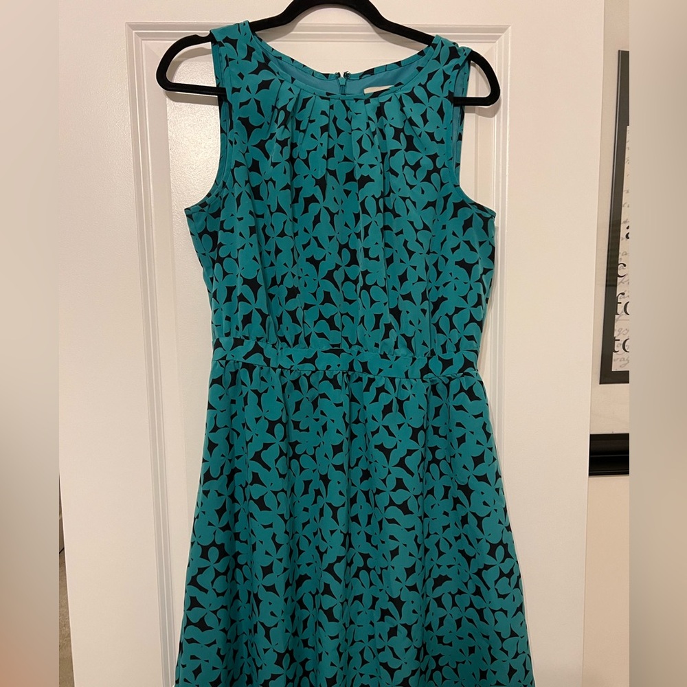 LOFT Teal and Black Patterned Midi Dress